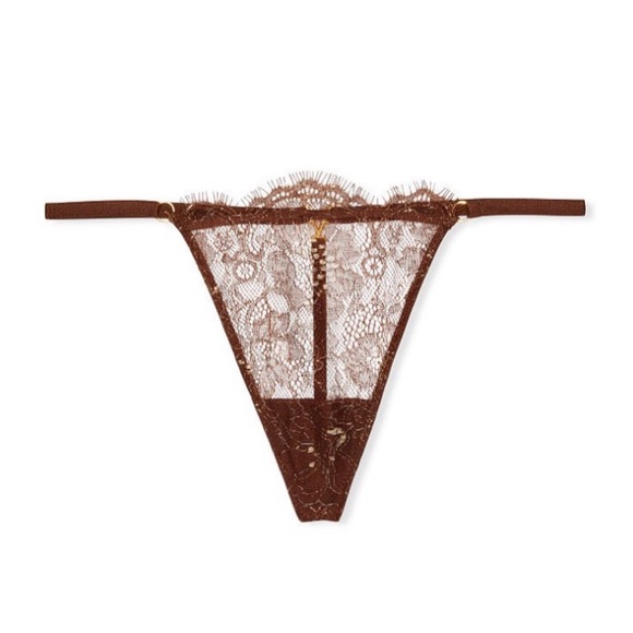 Victoria's Secret Other - Victoria’s Secret Brown Lace V String Thong With Gold Hardware Logo